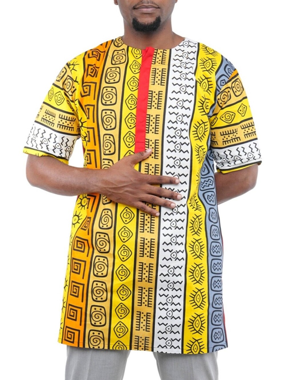 Men's Short-Sleeve African Ankara  Print Shirt in Yellow Multi XL